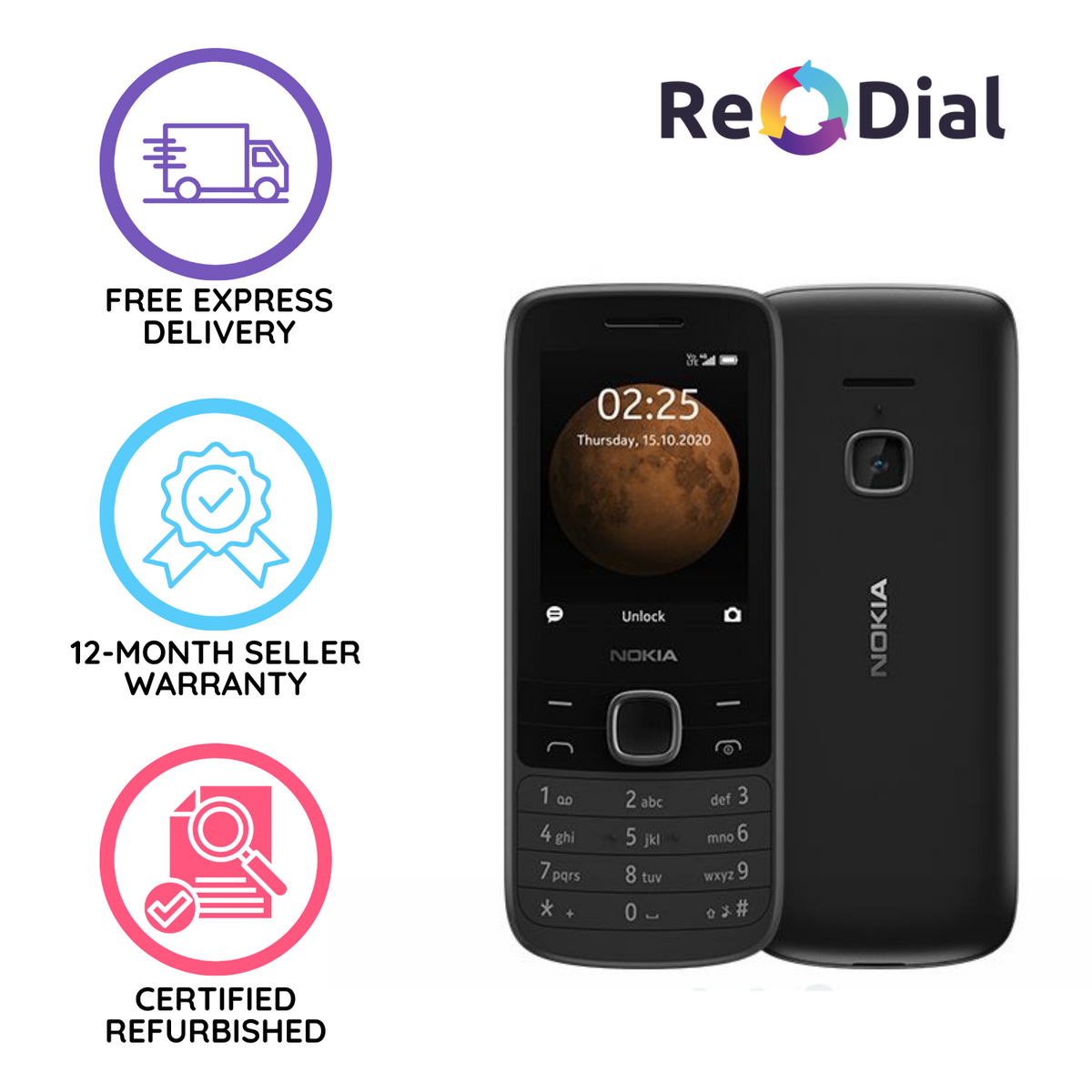 Good Refurbished Nokia 225 4G TA-1279 Dual Sim - Black - Unlocked